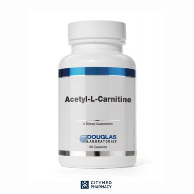 A Supplement container with the name Acety-L- Carnitine bu Douglas Laboratories.