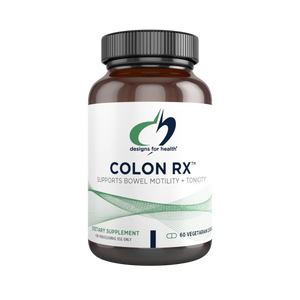 Image of a white supplement bottle that says designs for health colon rx supports bowel motility + tonicity dietary supplement 60 vegetarian capsules 