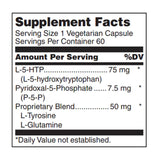 Text describing the ingredients: L-5-HTP (L-5-hydroxtryptophan), Pyridoxal-5-Phosphate (P-5-P), Proprietary Blend (L-Tyrosine and L-Glutamine).