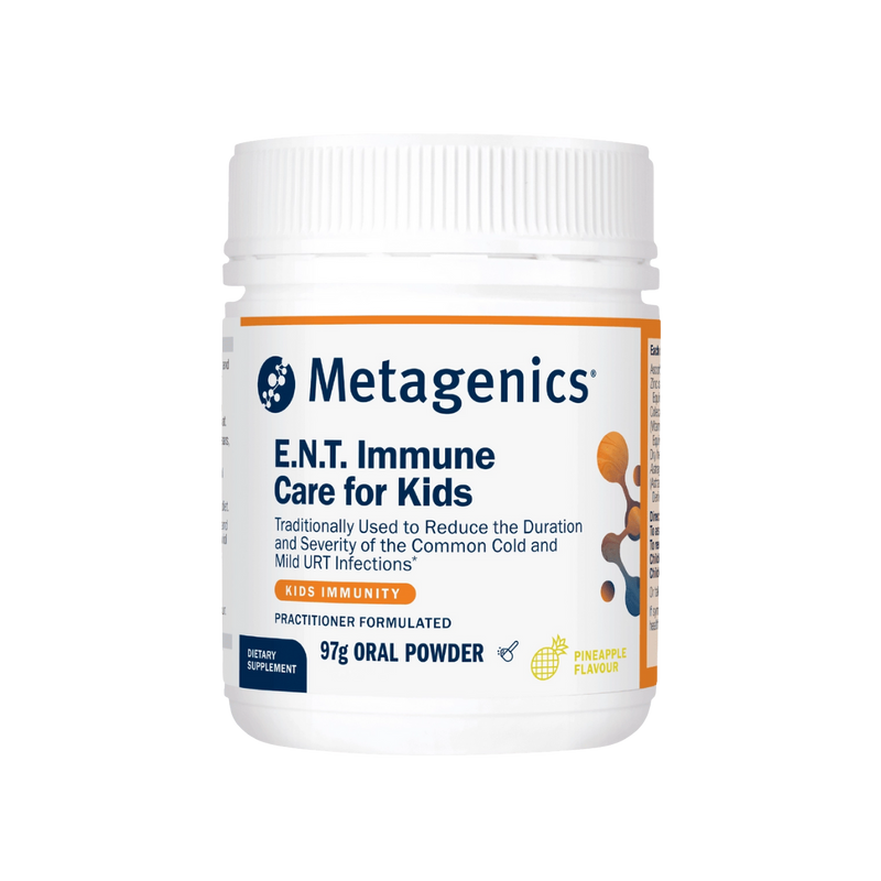 A Supplement container with the name E.N.T Immune Care for Kids by Metagenics.