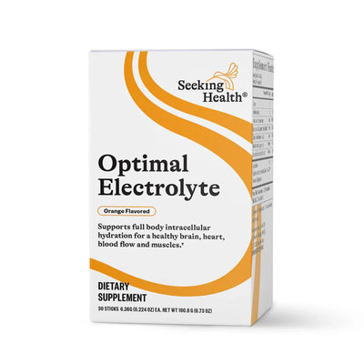 A Supplement container with the name Optimal Electrolyte by Seeking Health.