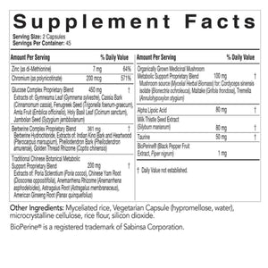Ingredients: Zinc, Chromium, Glucose Complex Proprietary Blend, Berberine Complex Proprietary Blend, Traditional Chinese Botanical Metabolic Support Proprietary Blend, Organically Grown Medicinal Mushroom Metabolic Support Proprietary Blend, Alpha Lipoic Acid, Milk Thistle seed extract, BioPerine.