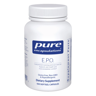 A Supplement container with the name E.P.O (Evening Primrose Oil) by Pure Encapsulations.