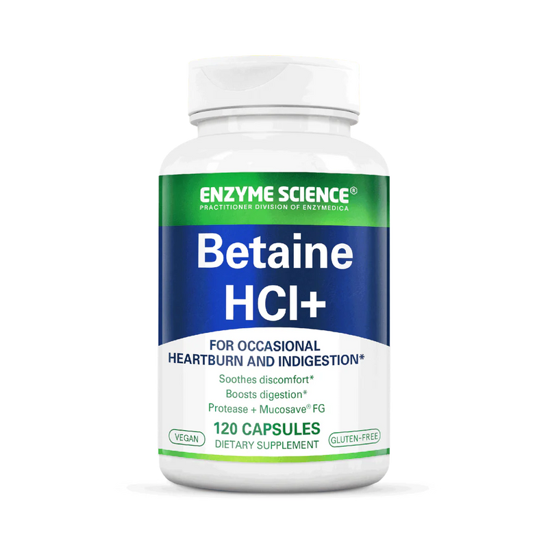 Image of Betaine HCL+ supplement by Enzyme Science, 120 capsule, soothes discomfort, boosts digestion, Protease, Mucosave 
