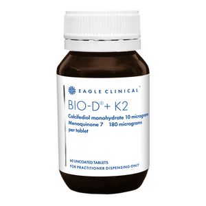 Image of a supplement bottle that says, eagle clinical BIO-D + K2 
Calcifediol monohydrate 10 micrograms Menaquine 7 180 micrograms per tablet 60 uncoated tablets for practicioner dispensing only.