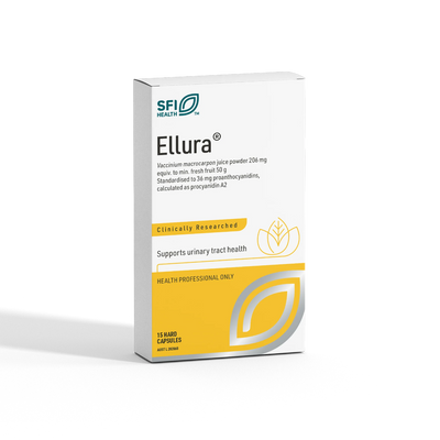SFI Health Ellura supplement packaging Which says Elura Vaccinium macrocarpon uice powder 206mg equiv to min fresh fruit 50g standardised to 36 mg proanthocyanidins, calculated s procyanidin A2 clinically researched supports urinary tract health health professional only. 1 Hard Cspsules 