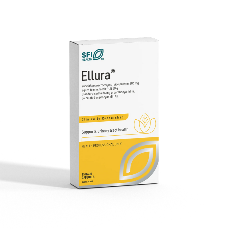SFI Health Ellura supplement packaging Which says Elura Vaccinium macrocarpon uice powder 206mg equiv to min fresh fruit 50g standardised to 36 mg proanthocyanidins, calculated s procyanidin A2 clinically researched supports urinary tract health health professional only. 1 Hard Cspsules 