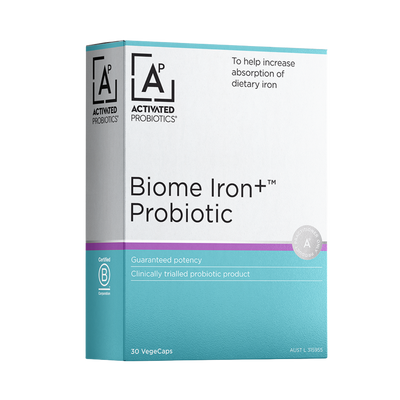 Activated Probiotics A box of probiotics called Biome Iron+