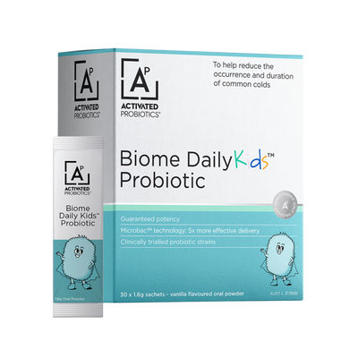 Front shot of a box of Activated Probiotic probiotics for kids blue and white with a sachet.