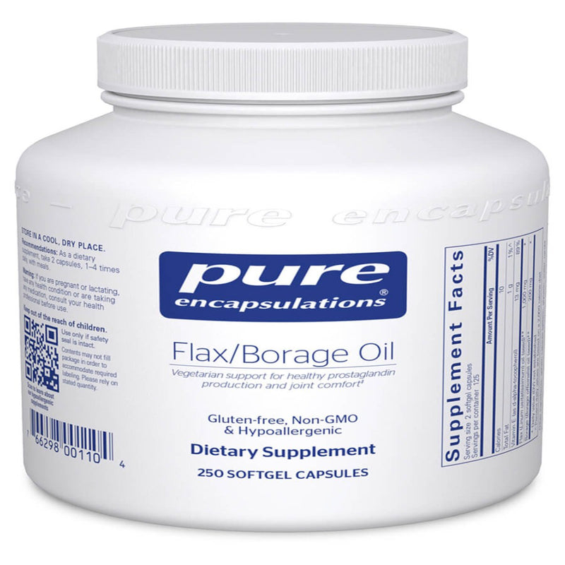 A Supplement container with the name Flax/Borage oil by Pure Encapsulations.