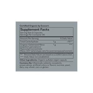 Ingredients: Organic Gelatinized Maca (Lepidium peruvianum), Hypocotyl Concentrate Maca-GO.