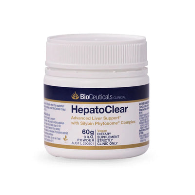 A Supplement container with the name HepatoClear by BioCeuticals Clinical.