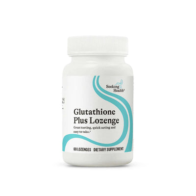 A Supplement container with the name Glutathione Plus Lozenges by Seeking Health.