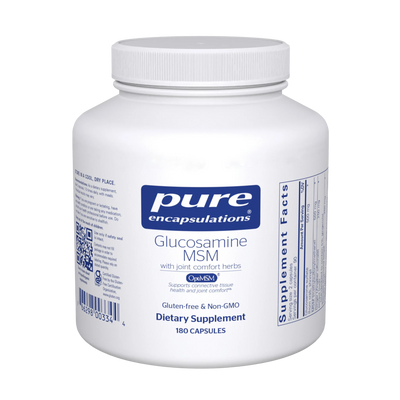A Supplement container with the name Glucosamine MSM with joint comfort herbs by Pure Encapsulations.