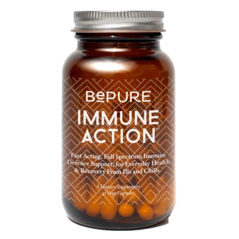 A Supplement container with the name Immune Action by Be Pure.