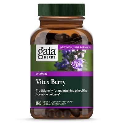 A Supplement container with the name Vitex Berry by Gaia Herbs.