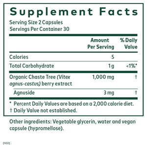 Ingredients: Organic Chaste Tree (Vitex agnus-castus) berry extract, Agnuside.