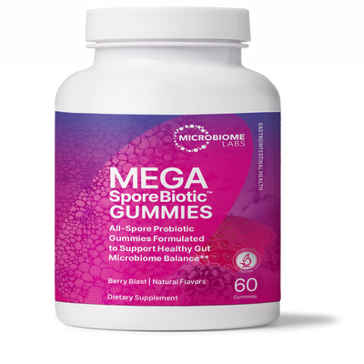 A Supplement container with the name MegaSporeBiotic Gummies by Microbiome Labs.