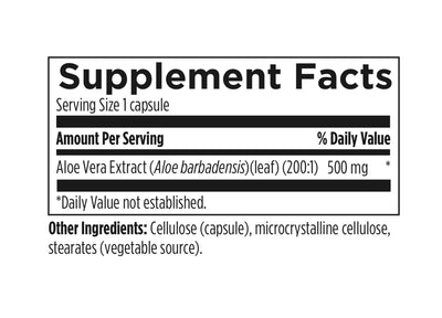 Supplement facts:
Aloe Vera Extract (aloe barbadensis)(Leaf), Cellulose (capsule),Microcrystalline Cellulose, Starates(Vegetable Source) 