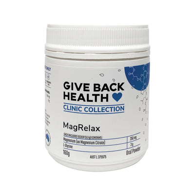 Image of a white suppelement bottle which says give back health clinic collection Magrelax each included scoop (5.3g) contains Magnesium (as magnesium citrate) 350mg, L-Glycine 3g

160g oral powder 