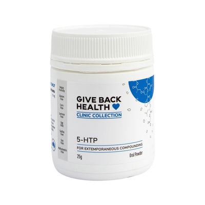 White container that says give back health clinic collection 5-HTP For extemporaneous compounding 25g Oral Powder 