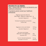 Ingredients including Magnesium glycinate dihydrate, p5p, Pyridoxal 5-phosphate, Vitamin b6, Magnesium amino acid chelate, Zinc amino acid chelate, Chromic chloride hexahydrate, Chromium.