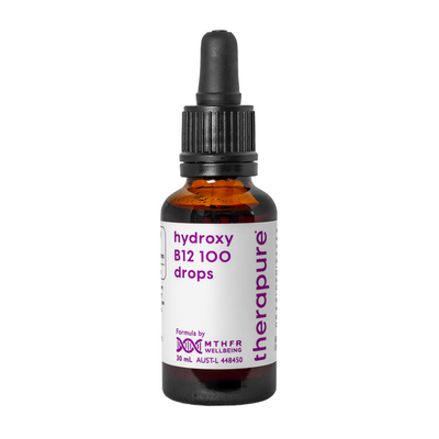 A Supplement bottle with the name Hydroxy B12 100 drops by Therapure.