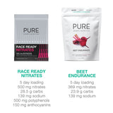 PURE SPORTS NUTRITION
PERFORMANCE+ RACE READY NITRATES
500 mg NITRATES
NITRATE LOADING DRINK MIX
WITH ADAPTOGENIC BLACKCURRANT Supplement :39g
RACE READY NITRATES 5 day loading:
500 mg nitrates
28.5 g carbs
139 mg sodium
500 mg polyphenols
150 mg anthocyanins
BEFORE DURING RECOVERY
5 DAY NITRATE LOADING PACK

PURE SPORTS NUTRITION
BEET ENDURANCE:
REAL CONCENTRATED BEETROOT JUICE WITH NATURAL NITRATES
150 g| 5 SERVES
BEET ENDURANCE
5 day loading
369 mg nitrates
23.9 g carbs
139 mg sodium