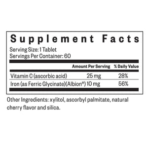 Ingredients: Vitamin C (ascorbic acid), Iron (as Ferric Glycinate)(Albion)