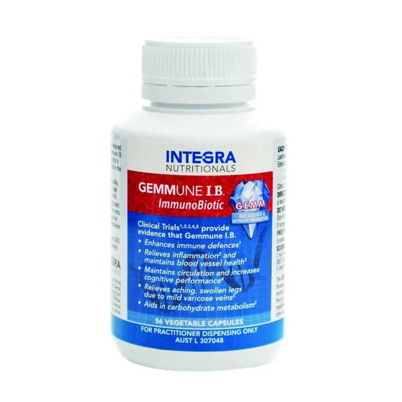 A Supplement container with the name Gemmune I.B. ImmunoBiotic (56 Vegetable Caps) by Integra Nutritionals.