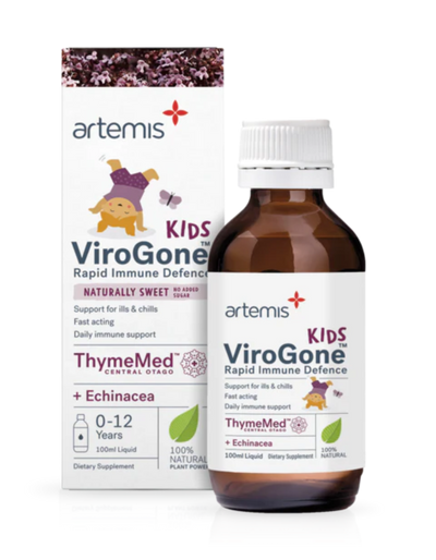 A Supplement container with the name Kids ViroGone Rapid Immune Defence (100mls) by Artemis.