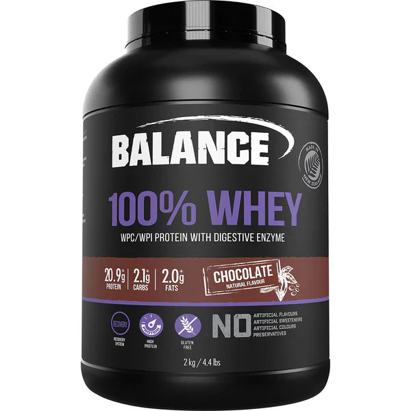 A Supplement container with the name 100% Whey by Balance. Ingredients 100% Whey Chocolate flavour: Balance Protein Blend (92%) [Whey Protein Concentrate, Whey Protein Isolate, Emulsifiers (Sunflower Lecithin, Soy Lecithin)], Cocoa Powder, Natural Flavours, Thickeners (Sodium Carboxymethylcellulose, Xanthan Gum), Digestive Enzymes (0.4%) (Bromelain, Papain), Salt, Natural Sweeteners (Thaumatin, Steviol Glycosides).  Contains: Milk & Soy products.