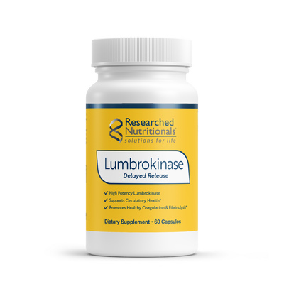 A Supplement container with the name Lumbrokinase by Research Nutritionals.