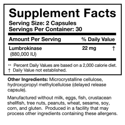 Ingredients: Lumbrokinase 22 mg