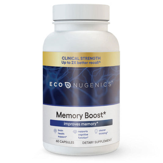 A Supplement container with the name Memory Boost by Eco Nugenics.