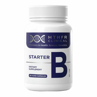 A Supplement container with the name Starter B by MTHFR support Australia.