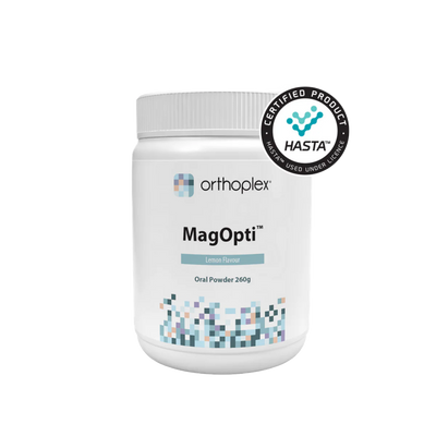 A Supplement container with the name MagOpti (260g) by Orthoplex 