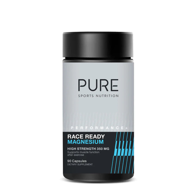 A Supplement container with the name Pure Performance + Race Ready Magnesium by Pure Sports Nutrition.