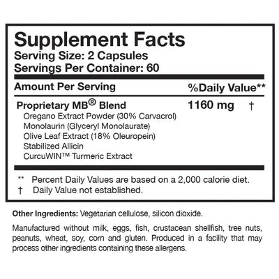 Ingredients including Oregano Extract Powder, Monolauin, Glyceryl Monolaurate, Olive leaf Extract, 18% Oleuropein, Allicin, CurcuWIN, Tumeric.