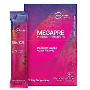 A Supplement box with the name Megapre Pineapple, Orange and Guava flavor (30 Stick pack) by Microbiome Labs