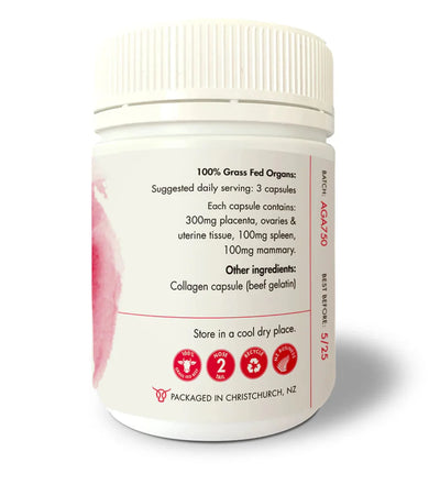 image of supplement content: 100% grass fed organs: 300mg placenta,ovaries, uterine tissue, 100mg spleen, 100mg mammary, collagen capsule ( beef gelatin) 