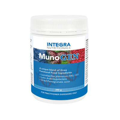 A Supplement container with the name MunoGen by Integra Nutritionals.