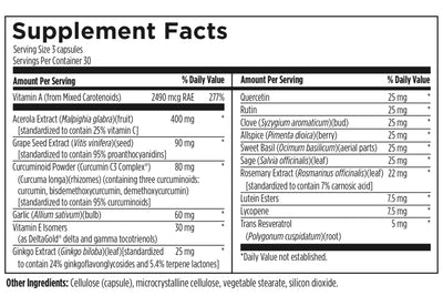 Supplement facts label with various nutrients and their amounts per serving.