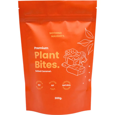 A Supplement pouch with the name Salted Caramel  Premium Protein Plant Bites by Nothing Naughty.