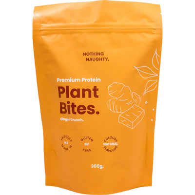 A Supplement pouch with the name Ginger Crunch Premium Protein Plant Bites by Nothing Naughty.