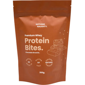 A Supplement container with the name Chocolate Brownie Whey Protein Bites by Nothing Naughty.