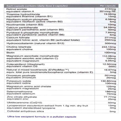 Ingredients: Retinol acetate, Thiamine hydrochloride, Riboflavin-sodium-phosphate, Nicotinamide, Calcium pantothenate, Pyridoxal-5-phosphate monohydrate, Calcium folinate, Hydroxocobalamin, Choline bitartrate, Biotin, Magnesium ascorbate monohydrate, Colecalciferol, Natural d-mixed tocotrienols, Chromium picolinate, Potassium iodide, Magnesium citrate, Selenomethionine, Zinc citrate dihydrate, Ubidecarenone (CoQ10), Lycopersicon esculentum, colloidal anhydrous silica.