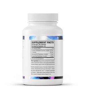 An image of a bottle listing the ingredients including S-Isomeric Rutinoside Propietary Complex, L-Citrulline, Coenzyme q10 Proprietary Complex, R-Lipoic Acid Proprietary Complex 