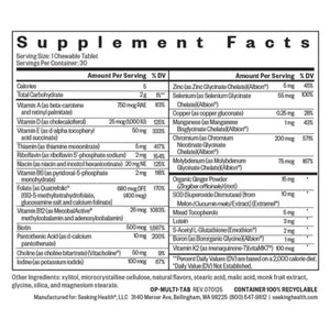 Ingredients: Vitamin A, D, E, B6, B12, Thiamin, Riboflavin, Niacin, Folate, Biotin, Pantothenic Acid, Choline, Iodine, Zinc, Selenium, Copper, Manganese, Chromium, Molybdenum, Orangic Ginger Powder, SOD, Mixed Tocopherols, Lutein, S-Acetyl L-Glutathione, Boron, Vitamin K2, 