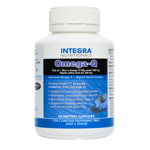 A Supplement container with the name Omega-Q by Integra Nutritionals.